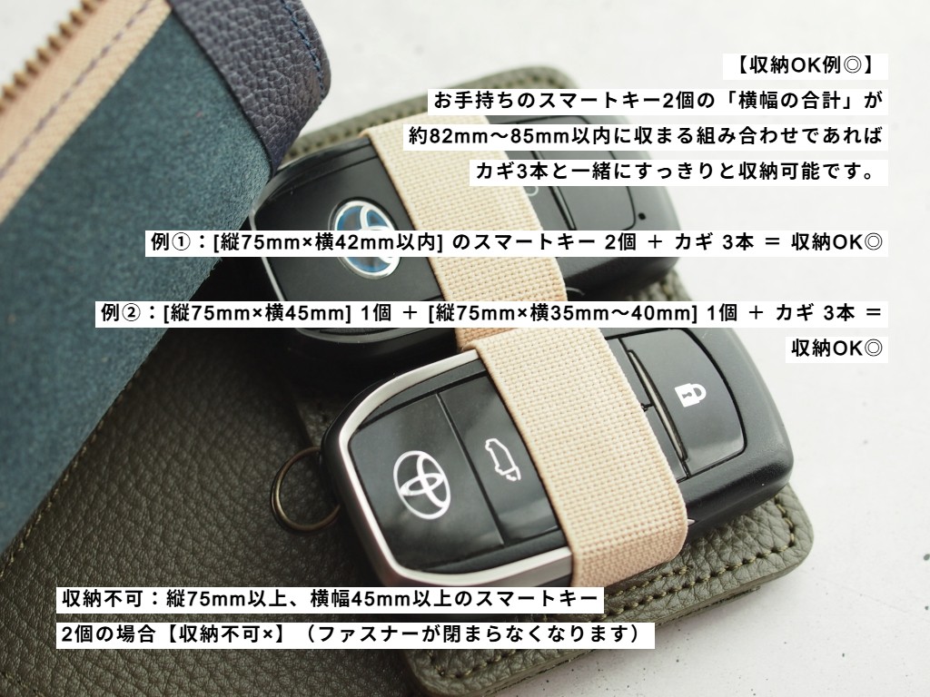 スマートキーが2個入る横スライドキーポーチ内部